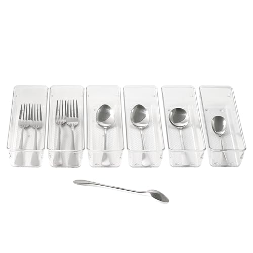 Image of ihomecooker 6 Set Clear Plastic Junk Drawer Organizer Vanity Curlery Utensil Makeups Organizer for Kitchen 9''X 3''