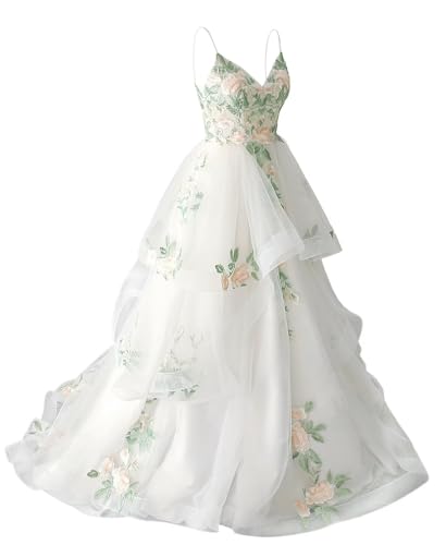 zcbang Beach Wedding Dresses for Bride Forest Floral White Tiered Tulle Colorful Lace Applique Wedding Ball Gown Backless Fairy Bridal Gown at Amazon Women's Clothing store