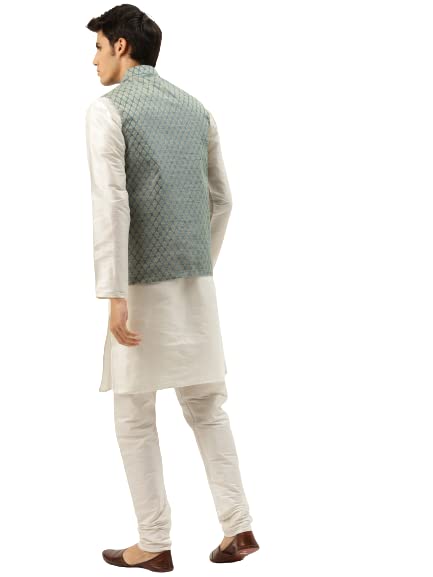 Image of SOJANYA (Since 1958 Men's Silk Blend Off White Kurta Pyjama & Maroon Self Design Nehru Jacket Combo