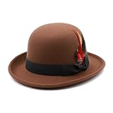 MivBuks Bowler Derby Hat for Men Dress Hats for Women Short Brim Fedora Hat with Feather (US, Alpha, Large, Coffee)