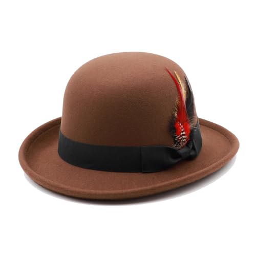 MivBuks Bowler Derby Hat for Men Dress Hats for Women Short Brim Fedora Hat with Feather (US Alpha Large Coffee)
