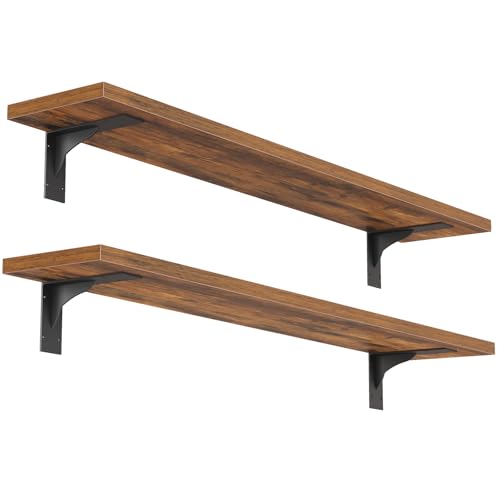 Image of HOOBRO Floating Shelves for Wall, 31.5 inch Wall Mounted Shelves Set of 2, Hanging Storage Shelf with Metal Brackets, Wooden Shelf for Living Room, Bedroom, Bathroom, Rustic Brown and Black BF82BJP201G1