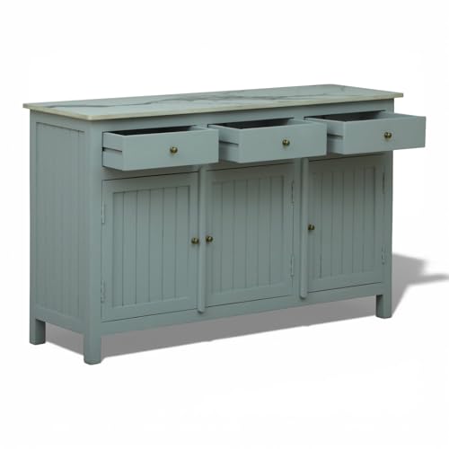 Image of Solid Wood Madrid Sideboard Cabinet with Sintered Stone Top for Living Room, Premium Acrylic Silver Grey Finish, 130x40x80 cm