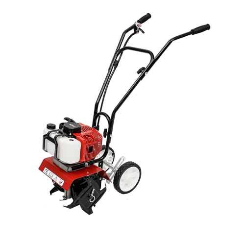Mini Tiller Cultivator, Powerful 52cc 2-Stroke Single-Cylinder, Air-Cooling Engine, Gear Drive Transmission, Height Adjustable Wheels for Plowing, Tilling, Furrowing