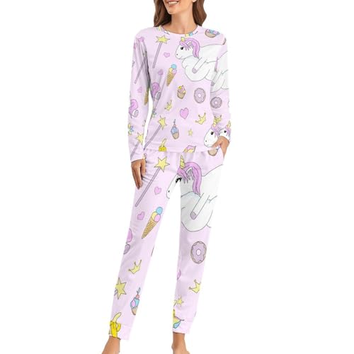 Pyjama licorne rose femme ensemble sleepwear manches longues pantalon arc-en-ciel