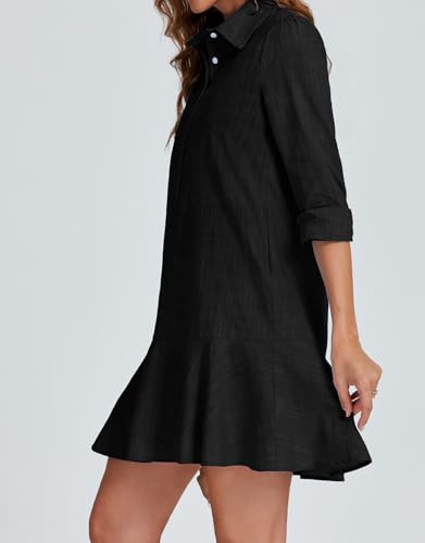 Image of YEXPINE Women's Tunic Mini Shirt Dress Cotton Linen Long Sleeve Button Up Ruffle Hem Loose Casual Summer Pockets Shift Dress