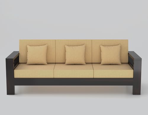 Image of Furniture Solid Sheesham Wood 3 Seater Sofa Set | Multipurpose Wooden Three Seater Lounge Sofa Set Furniture for Living Room, Home and Office (Walnut Finish)