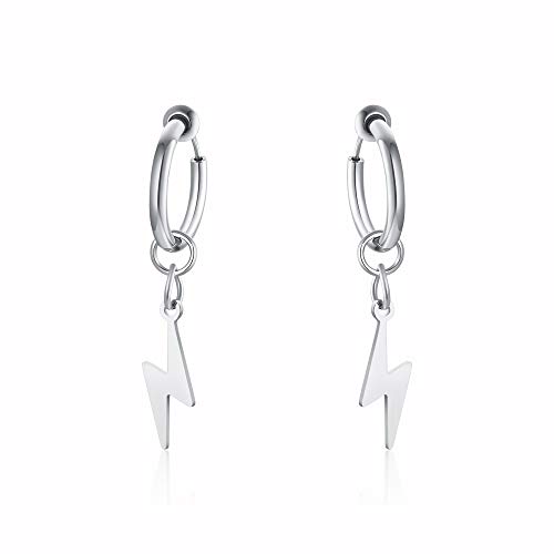 Vnox Minimalist Hip Hop Jewelry Stainless Steel Clip On Lightning Bolt Earrings Non Piercing Charm Dangle Hinged Stud Earrings For Men Women Teen,Silver #TOP15