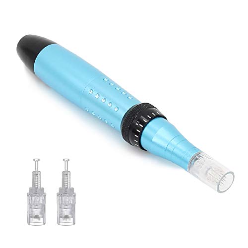 Borwka Derma Pen - Bolígrafo de microneedling con 4 cartuchos de aguja de 12 pines, longitud de aguja ajustable de 0,25 mm a 2,0 mm, color azul