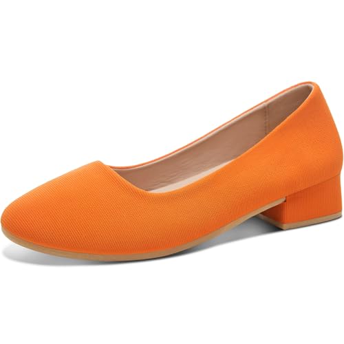 ALTOCIS Women’s Low Block Chunky Heels Pumps Ladies Elegant Closed Round Toe Pumps Shoes Low Office Pumps Shoes(Orange,US9)