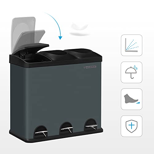 Songmics Pattumiera di 54L, Cestino di Spazzatura, a 3 Sezioni, con Pedale, Secchio Interni, 6 Etichetti per Smaltimento Facile, Grigio e Nero, LTB54G - Immagine 5