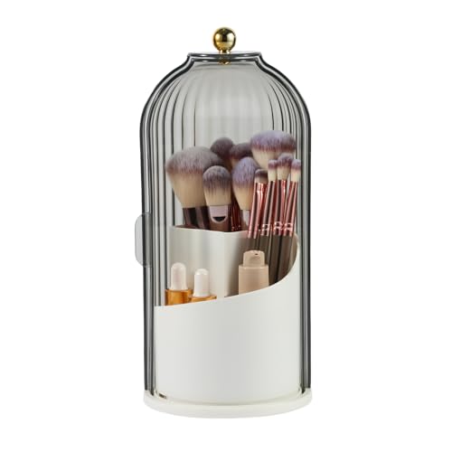 VacFreKep Organisateur de pinceaux de Maquillage avec Couvercle, Rotatif à 360 degrés, Transparent, Anti-poussière Organiseur de pinceaux de Maquillage pour Coiffeuse, Bureau, Salle de Bain, comptoir