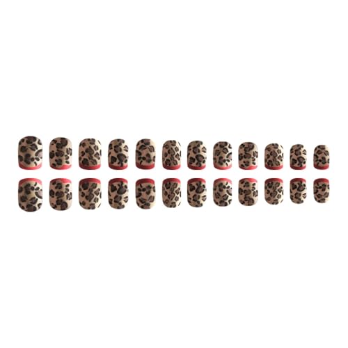 Image of Leopard print Press on Nails Red French Tip Fake Nails Short Square False Nail Fall Winter Nail Press ons Glossy Full Cover Glue on Nails Artificial Acrylic Stick on Nail for Women Manicure 24Pcs