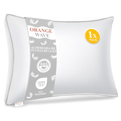 Orange Wave Almohada de Plumas de 40 x 80 cm, 3 cámaras, Almohada de plumón, Certificada RDS y Oeko-Tex, Transpirable y Antialérgica,Soporte Cómodo para Dormir