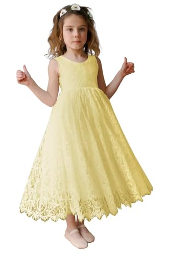 Boho Lace Flower Girls Dress Fancy Tea-Length V-Back Girls Birthday Party Dresses Sleeveless Kid's Formal Wedding Party Dress