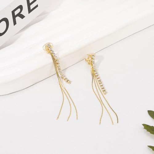 Clip on Earrings for Women 14K Gold Plated Long Dangle White Pearl Earrings Simple No Piercing Hoop Stud Earrings Lightweight Curve Tassel Chain Ear Clips Minimalist Jewelry Wedding Christmas Gift4