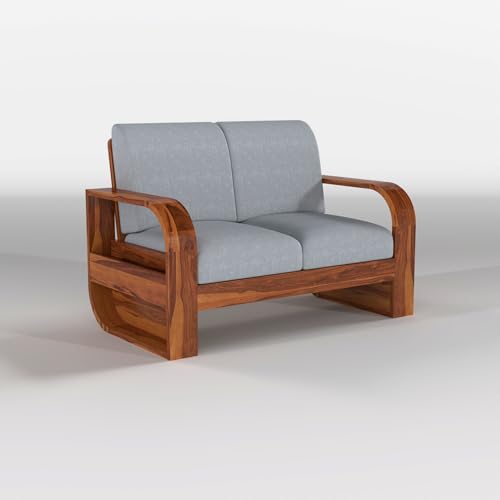 Image of Solid Sheesham Wooden 6 Seater Sofa Set Without Coffee Table with Grey Cushion for Living Room Furniture - Honey Finish (3+2+1)