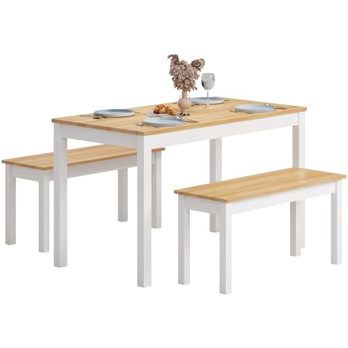 SogesHome Juego de comedor de 3 piezas de madera con 2 bancos de estilo rústico, juego de comedor, mesa de comedor, mesa de cocina con sillas para 4 personas, color blanco