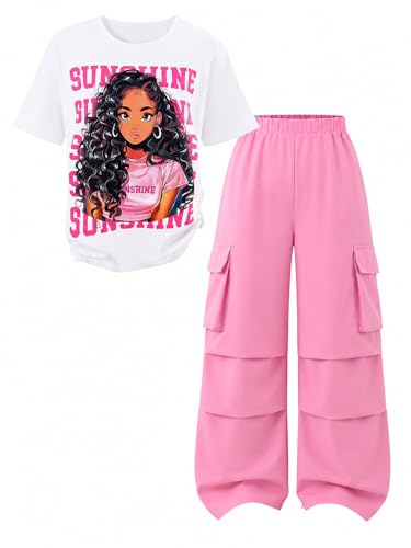 Image of Tween Girls Clothes Short Sleeve Graphic T-Shirt Top + Cargo Pants 2pcs Outfit Set, Size 7-15Years
