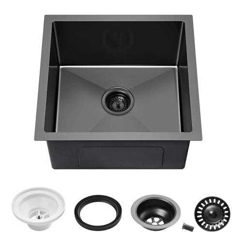 MILOSEN SUS304 Black Stainless Steel Kitchen Sink, 44x44cm Single Bowl Handmade Kitchen Sinks with with Waste Strainer, Undermount/Topmount Laundry Sink, Modern Design