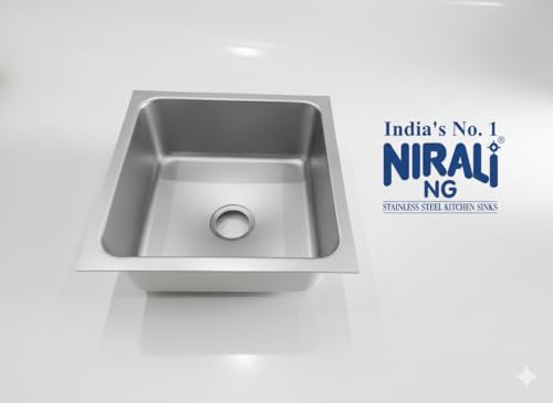 Image of NIRALI Kitchen Sink 19 x 19 Inch Omni 304 Heavy Duty Stainless Steel | Single bowl Sink Round Coupling | Rust & Stain Resistant | Satin Finish | Minimizes Sound Sink (Satin, 19 inch X 19 inch X 9 inch)