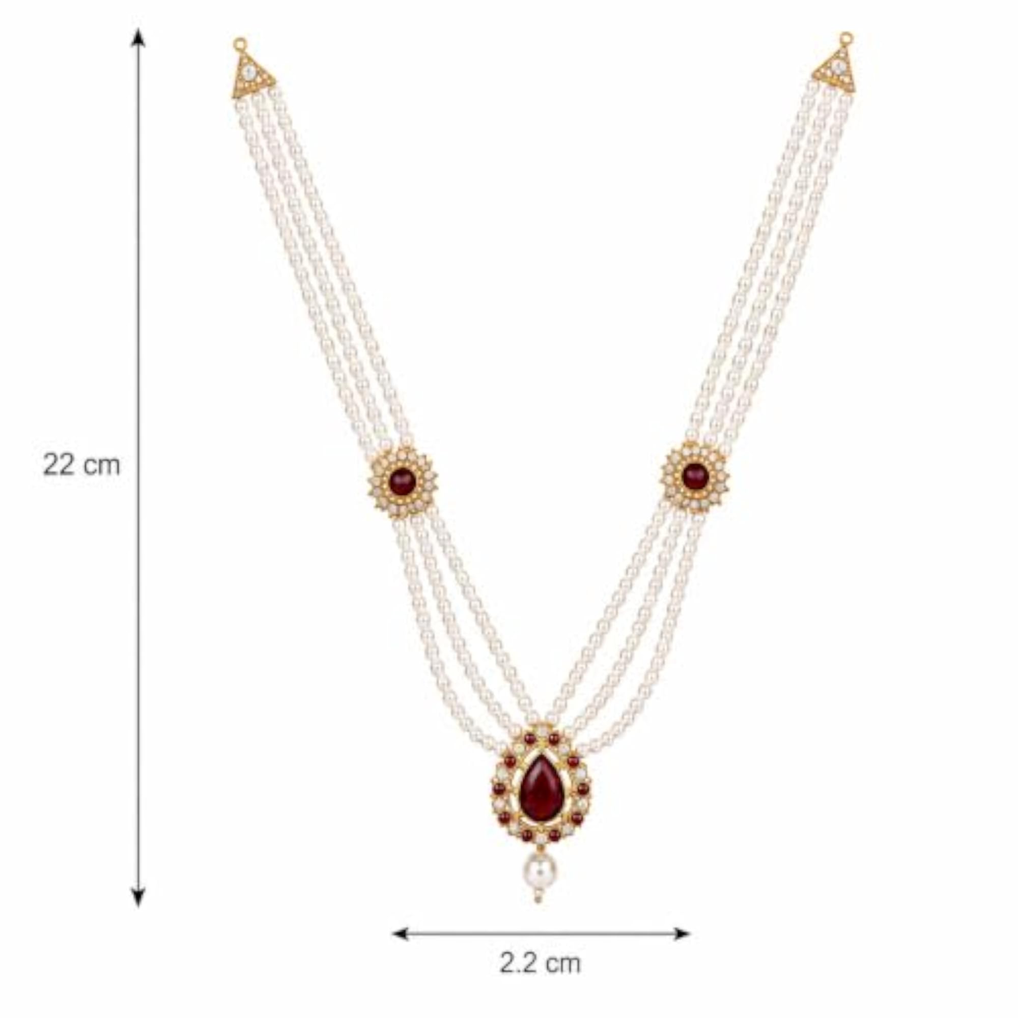 Three Layer Mala Necklace with Red Stone Drop Pendant for Ganpati Bappa