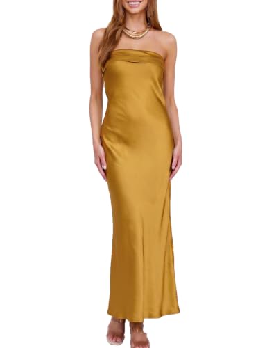Image of Realtix Summer Satin Strapless Backless Maxi Dress for Women Wedding Guest