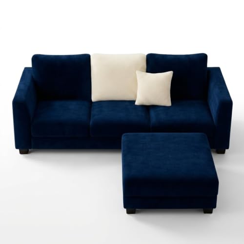 Image of SOCOZI Trevano 4 Seater L Shape Sofa Set with Movable Ottoman | Flexible Left or Right Layout | Soft Velvet Suede Fabric | Modern Design | Plush Comfort Cushions for Living Room (Dark Blue-Cream)