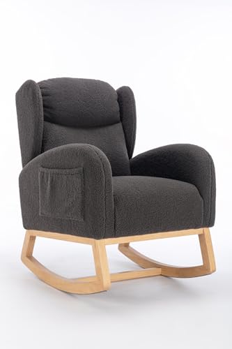 TURRIDU Teddy Upholstered Rocking Chair with High Wingback Support and Side Pocket, Modern Glider Rocker for Living Room, Bedroom, Balcony, Dark Gray