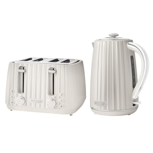 Emperial Flow Kettle and Toaster Set | 1.7L Cordless Electric Kettle | 4 Slice Toaster with Adjustable Browning | High Gloss Grooved Design (White)