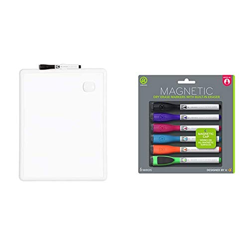 U Brands Contempo Magnetic Dry Erase Board, 11 x 14 Inches, White Frame & Brands Low Odor Magnetic Dry Erase Markers with Erasers, Medium Point, Assorted Colors, 6-Count - 520U06-24