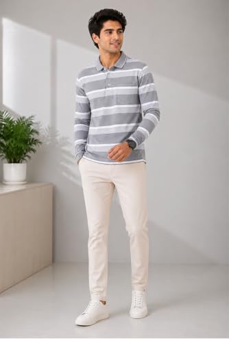 Image of SANE ORIGINALS Full Sleeves Polo T-Shirt for Men with Pocket || Stripe Collar and Pocket T-Shirt for Men Long Sleeves