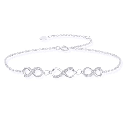 SISGEM 10k White Gold Three Infinity Bracelet for Women, 10 kt Gold Created Moissanite Love Wrist Jewelry Gifts for Wife, Present for Her, 6.2-7.8 Inches