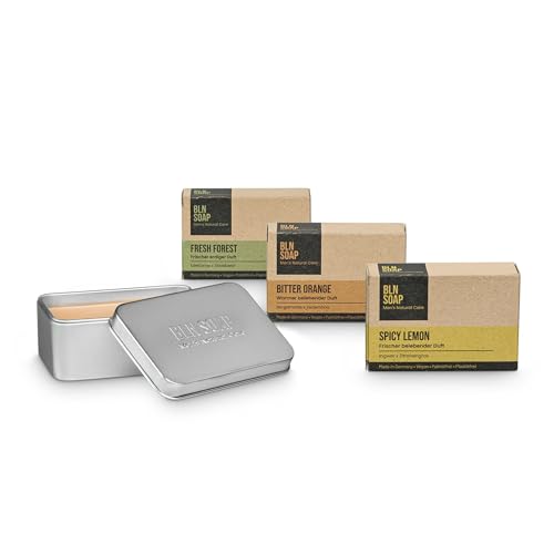 Männerseife-Set: 3 natürliche feste Seifen für Männer + Seifendose aus Aluminium – 3-in-1 Duschseife für Hand, Körper & Haare für Herren – Vegan, ohne Plastik – Seifenbox & 3 x 135 g Seife - BLN SOAP