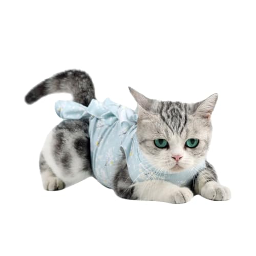ibasenice 猫用薄手術後服 通気性伸縮素材 快適な術後復服 ブルー梅柄 傷舐め防止 保護 猫