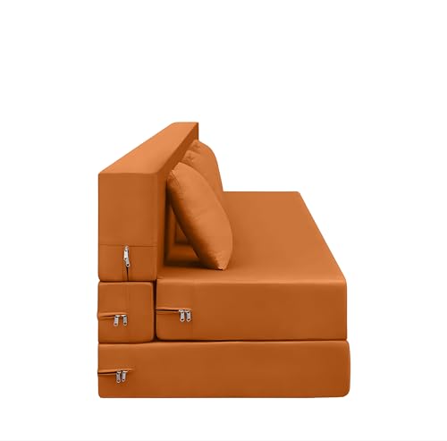 Image of AMATA Instant 3 Seater Foldable Sofa Cum Bed Orange Suede Velvet Fabric with 2 Pillow Perfect for Home Living Office Room and Guests (3 Year Warranty) (Orange, Instant 3 Seater Sofa Cum Bed)