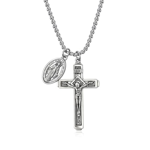 Rnivida Crucifix Cross and Miraculous Medal Pendant Necklace for Men, Catholic Jewelry (with 24" Chain)