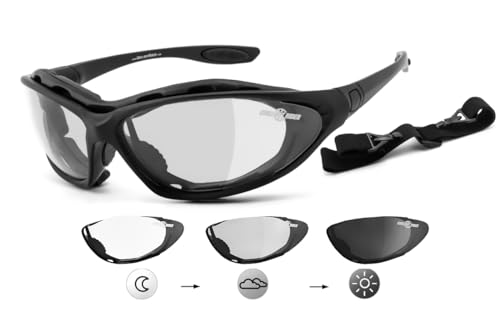 Chillout Rider® | Occhiali da Moto Fotocromatici Antivento Antiappannamento – Avvolgenti per Casco Jet e Integrale con Aste Intercambiabili e Banda Elastica con HLT® Lenti UV400 e infrangibile
