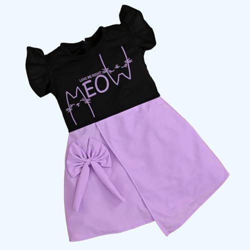 Image of ER Life Style Casual Cotton Blend Meow Printed Knee Length Ruffle Short Sleeves Dress for Girls