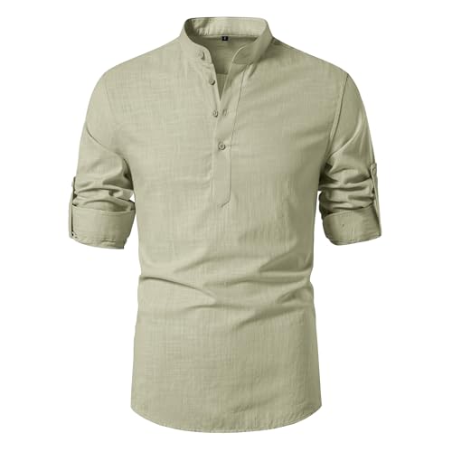VANCOOG Men's Cotton Linen Casual Shirt Long Sleeve Henley Hippie Beach Tops Vacation Tshirts Light Green XL — view 5