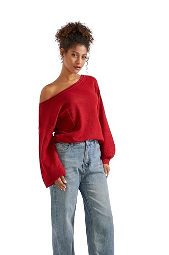 SUUKSESS Women Off The Shoulder Fall Sweaters Long Sleeve Boat Neck Oversized Pullover Sweater Tops