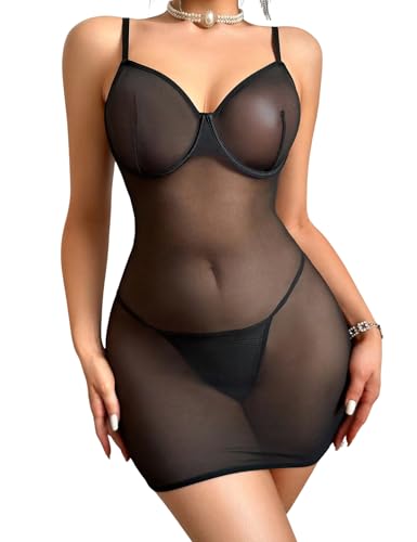 Gatamiau Durchsichtiges Strapskleid aus Netzstoff für Damen, Babydoll-Dessous mit Schnürung Hinten, Tiefes V-Ausschnitt Sexy Nachthemd Transparente...
