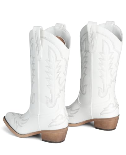 Image of Rivalran Cowboy Boots for Women - Cowgirl Boots with Embroidery, Chunky Heel Pointed Toe Pull-on Vintage Western Mid Calf Fashion Boots for Ladies