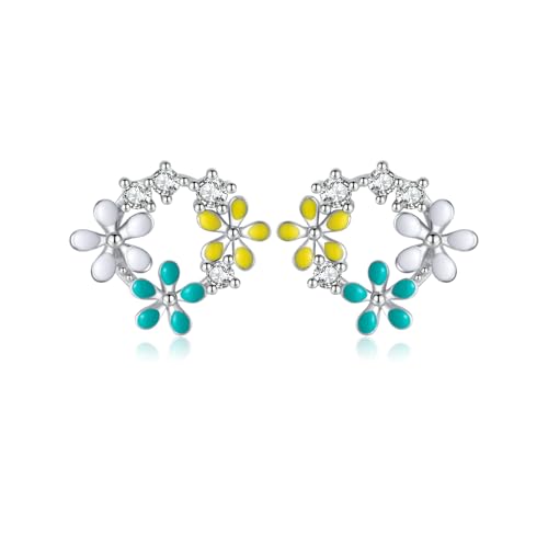 Reffeer Solid 925 Sterling Silver CZ Flower Stud Earrings for Women Teens Flower Spring Stud Earrings