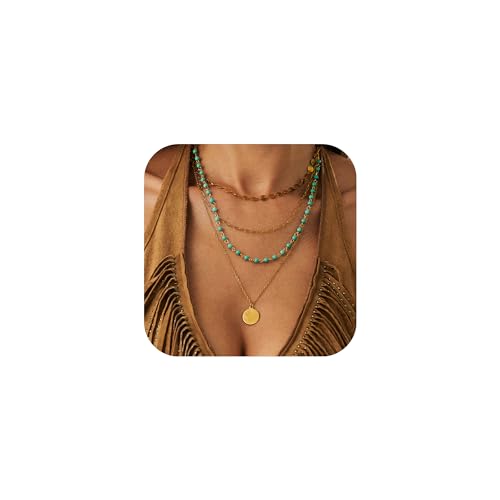 Inactwin Layered Gold Necklaces for Women Stack Boho Turquoise Western Coin Pendant Necklace Country Concert Beach Fashion Jewelry Gift (4PCS Gold-2)