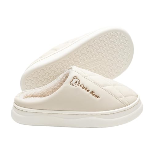 Premium Comfort Thermal Leather Cute Bear Non Slip Women's Fuzzy House Slippers Indoor Soft Warm Kawaii Furry Shoes