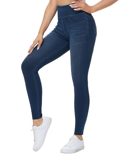 THE GYM PEOPLE Women's High Waisted Jeggings Pants Stretchy Tummy Control Skinny Jean Leggings with Pockets Dark Blue