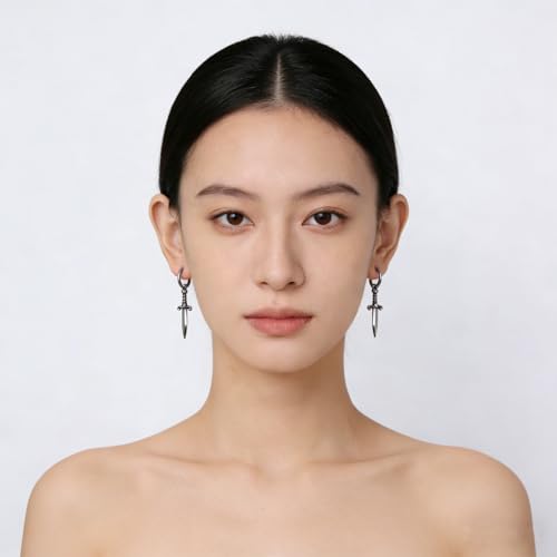 HZMAN Sword/Cross/Awl Spike Dangle Earrings for Men Women Boys Gothic Punk Stainless Steel Hinged Huggie Hoop Earring Jewelry Gift