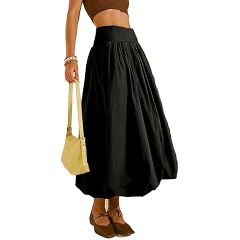 JEAAMKSSER Y2K Bubble Maxi Skirts for Women A Line Long Pleated Casual Summer Skirts 2024 Elastic Waist Balloon Midi Skirt # Black L Cover