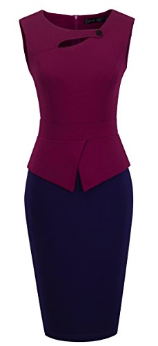 HOMEYEE Women's Elegant Chic Bodycon Formal Dress B288 (M, Carmine+Dark Blue)